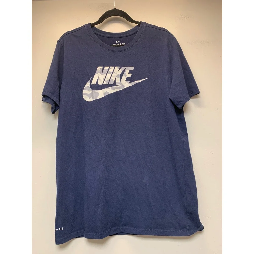 Nike‎ Dri-FIT Graphic T-Shirt Mens Large Navy Blue Excellent Camo Swoosh Logo